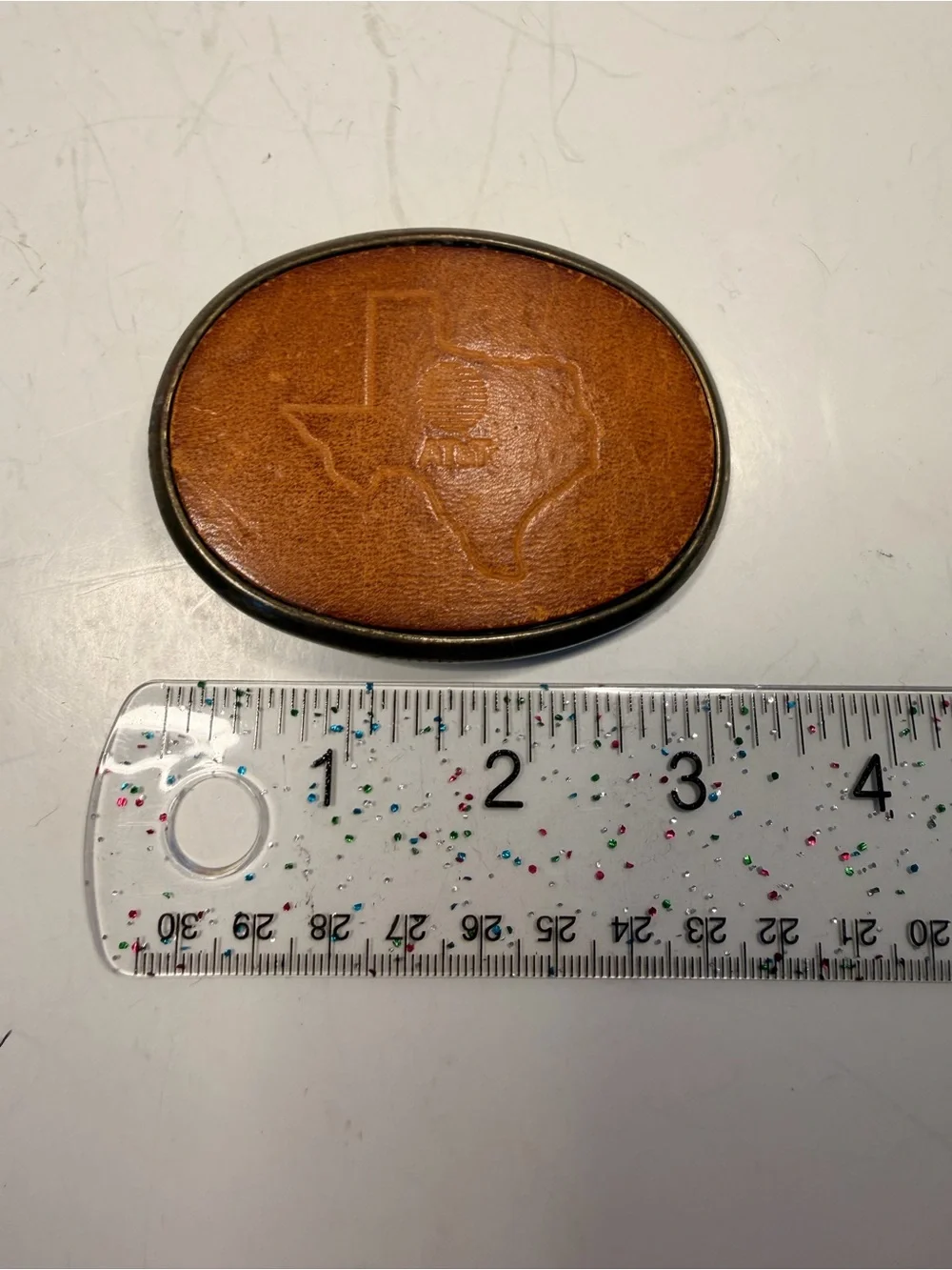 Vintage El Cid AT&T Texas Leather Embossed Brass Belt Buckle